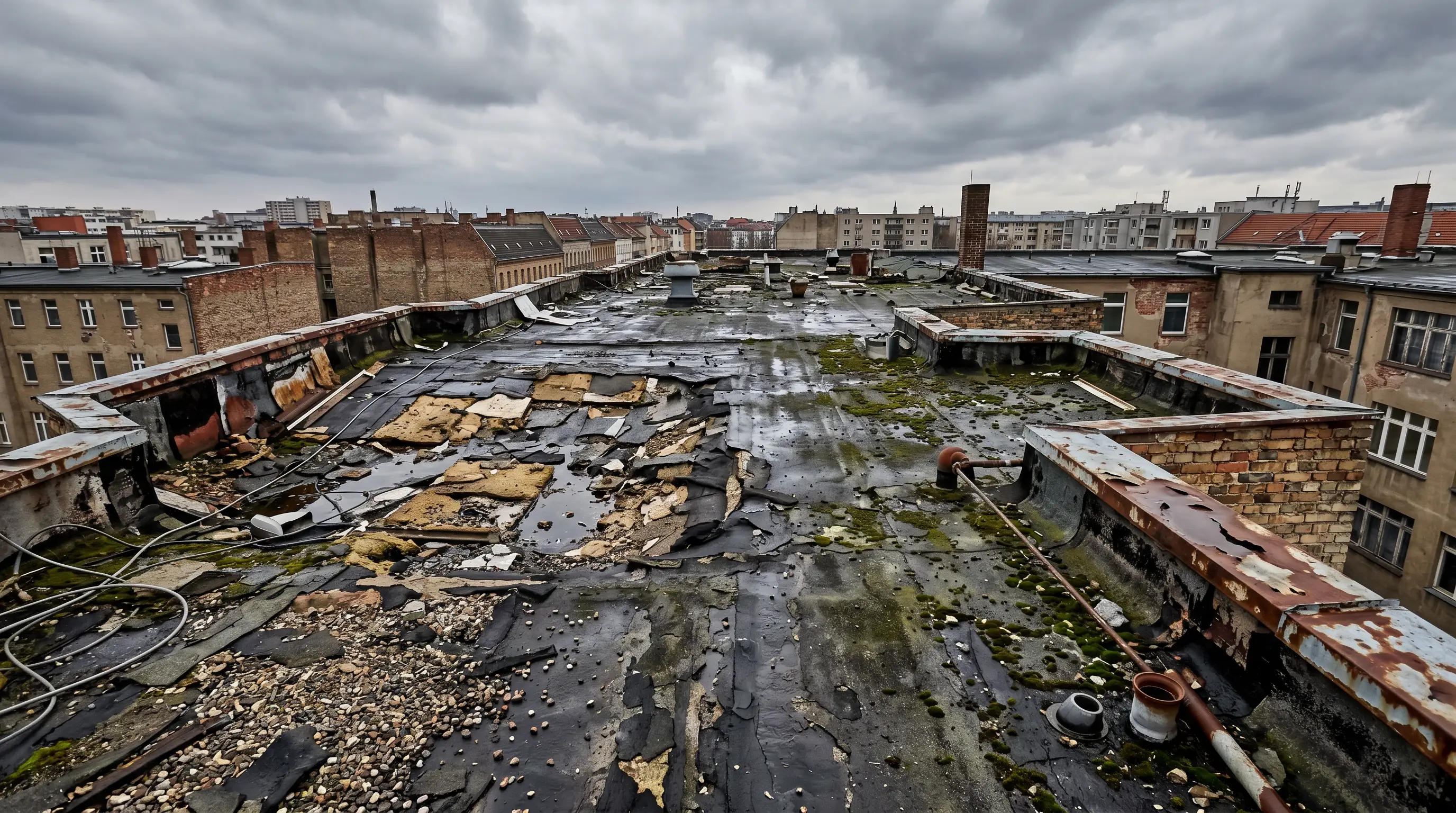 Flachdach vor Materialentsorgung — Dachpappe, alte Dämmung